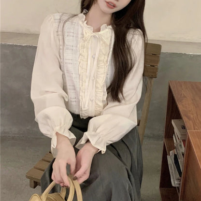 Elegant Lace Trim O-Neck Fall Sweet Cute Blouse