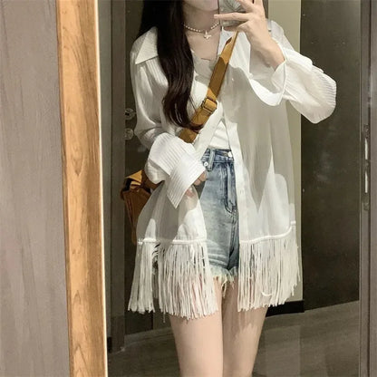 Tassel White Thin Simple Mid-Length Casual Top Blouse