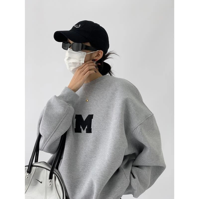 Letter Embroidery Oversize Long Sleeve Loose Streetwear Hoodie