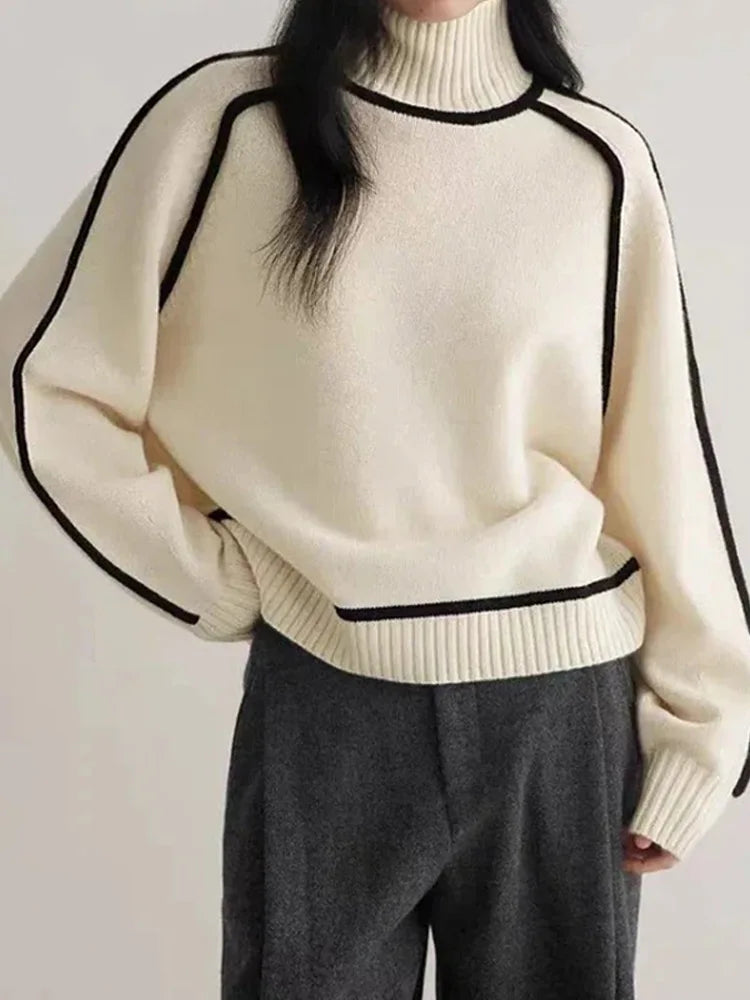 Patchwork Turtleneck Knitted Warm Thicken Long Sleeve Sweater