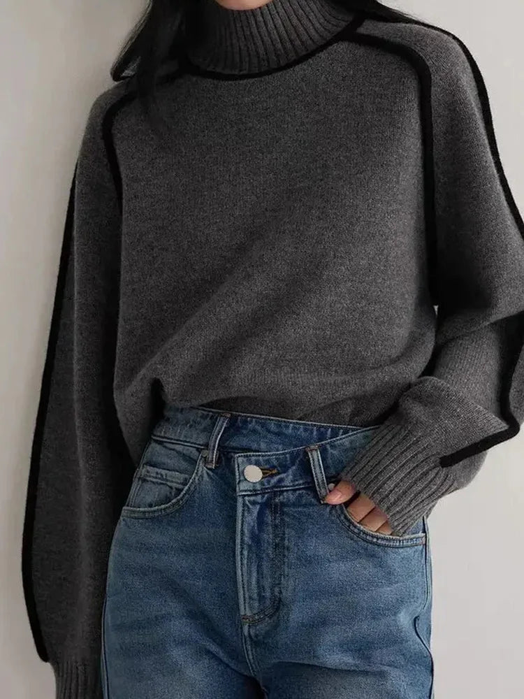 Patchwork Turtleneck Knitted Warm Thicken Long Sleeve Sweater