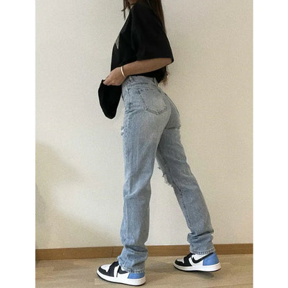 Ripped High Waist Hollow Out Straight-Leg Large Size Boyfriend Streetwear Y2K Jean