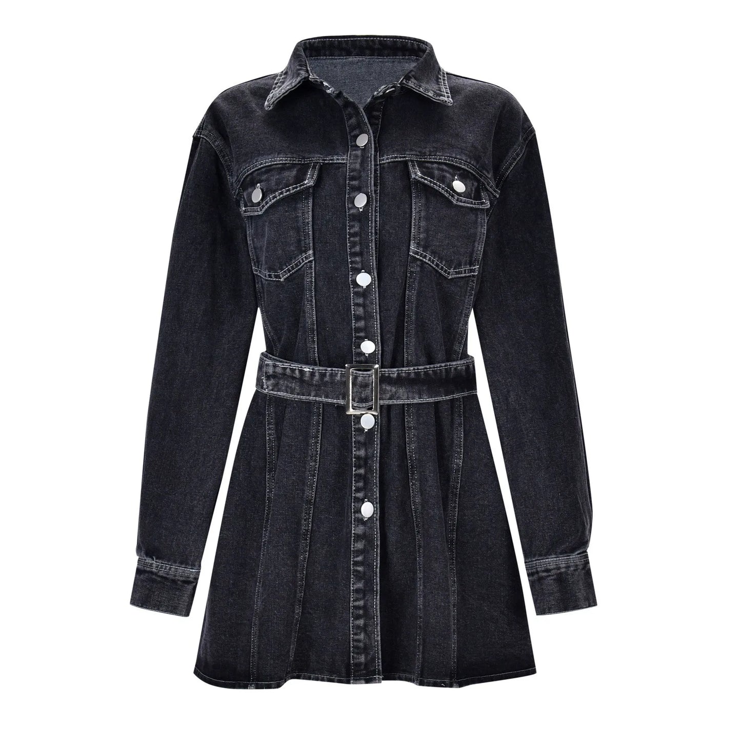 Fashionable Slim Mid-Cuff Belted Denim Office Spring Casual Long-Sleeve Women's Dress