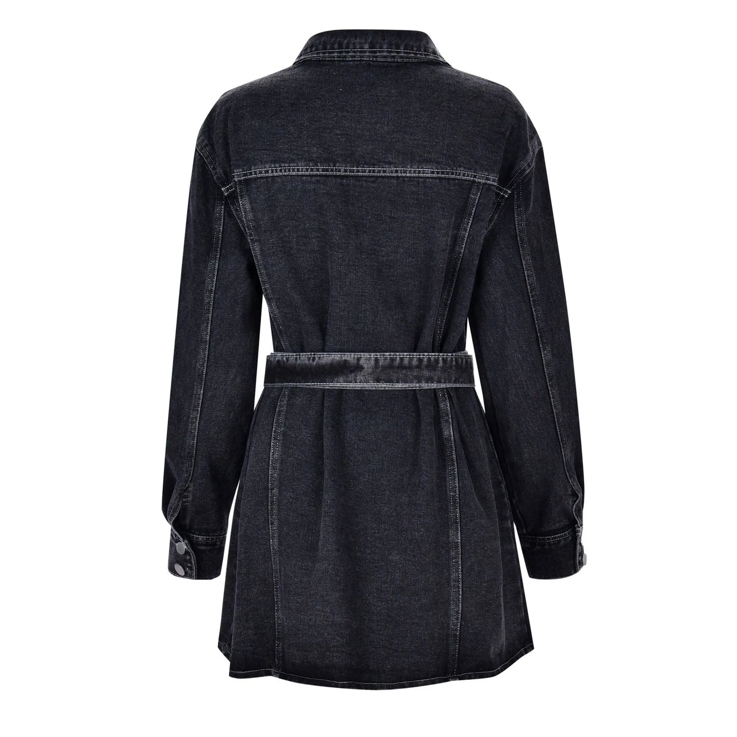 Fashionable Slim Mid-Cuff Belted Denim Office Spring Casual Long-Sleeve Women's Dress