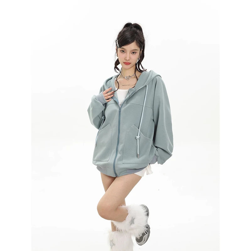 Solid Color Loose Hooded Harajuku Zip Up Long Sleeve Hoodie