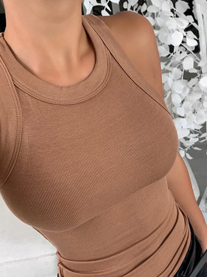 Solid Round Neck Ribbed Elastic Summer Basic O Neck Crop Top