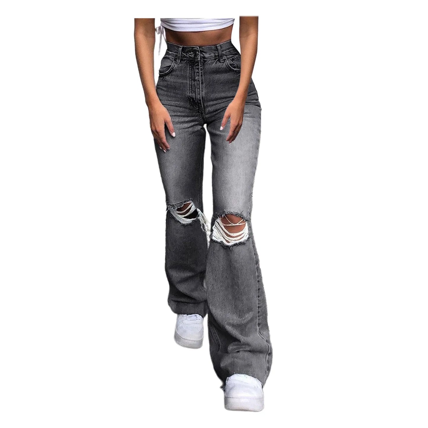 Streetwear Hollow Out Ripped Ragged High Waist Solid Color Retro Wide Leg Y2K Flare Jean