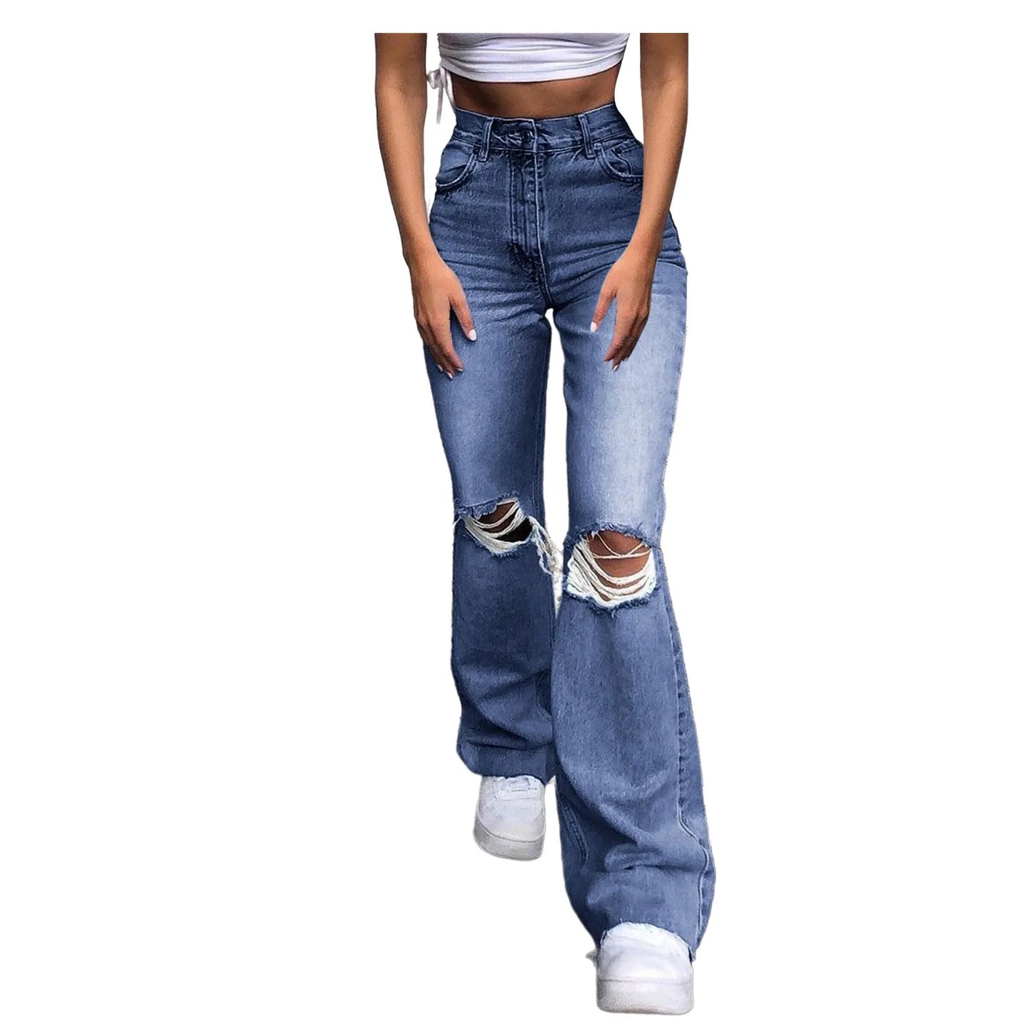 Streetwear Hollow Out Ripped Ragged High Waist Solid Color Retro Wide Leg Y2K Flare Jean