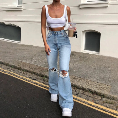 Streetwear Hollow Out Ripped Ragged High Waist Solid Color Retro Wide Leg Y2K Flare Jean