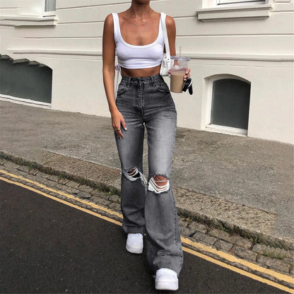 Streetwear Hollow Out Ripped Ragged High Waist Solid Color Retro Wide Leg Y2K Flare Jean