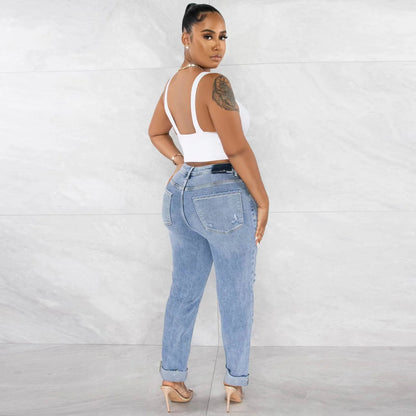 Amy Fashion - Classic Fashion Stretch Ripped Streetwear Denim Jean