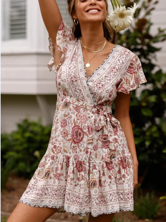 Amy Fashion - Summer Boho Floral Print Mini Wrap Beach Boho Dress