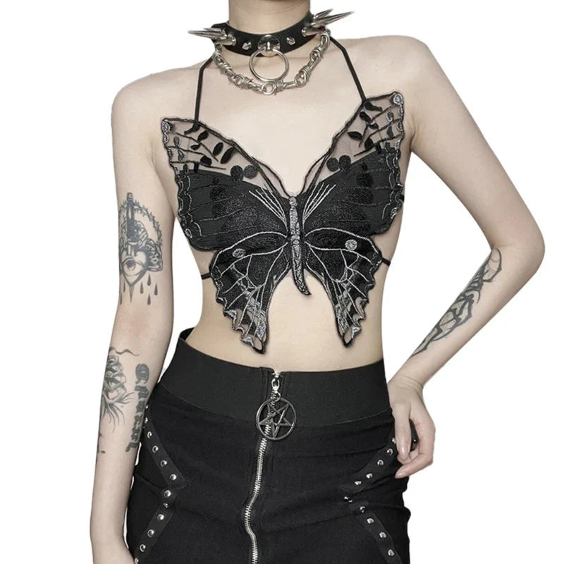 Halter Crop Gothic Black Backless Butterfly-Shape Strappy Top Sexy