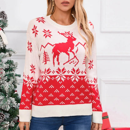 Snowflake Printed Long Sleeve O Neck Ladies Jumper Christmas Sweater