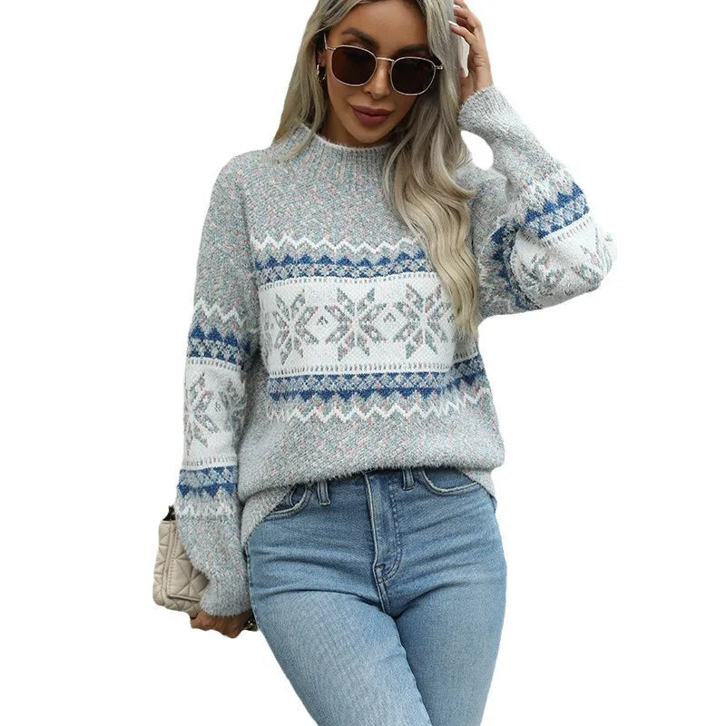 Christmas Snowflake Jacquard Mock Neck Long Sleeve Sweater