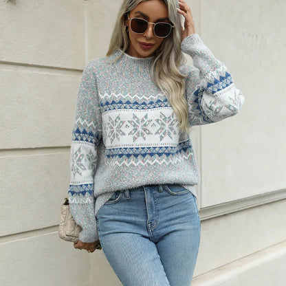 Christmas Snowflake Jacquard Mock Neck Long Sleeve Sweater