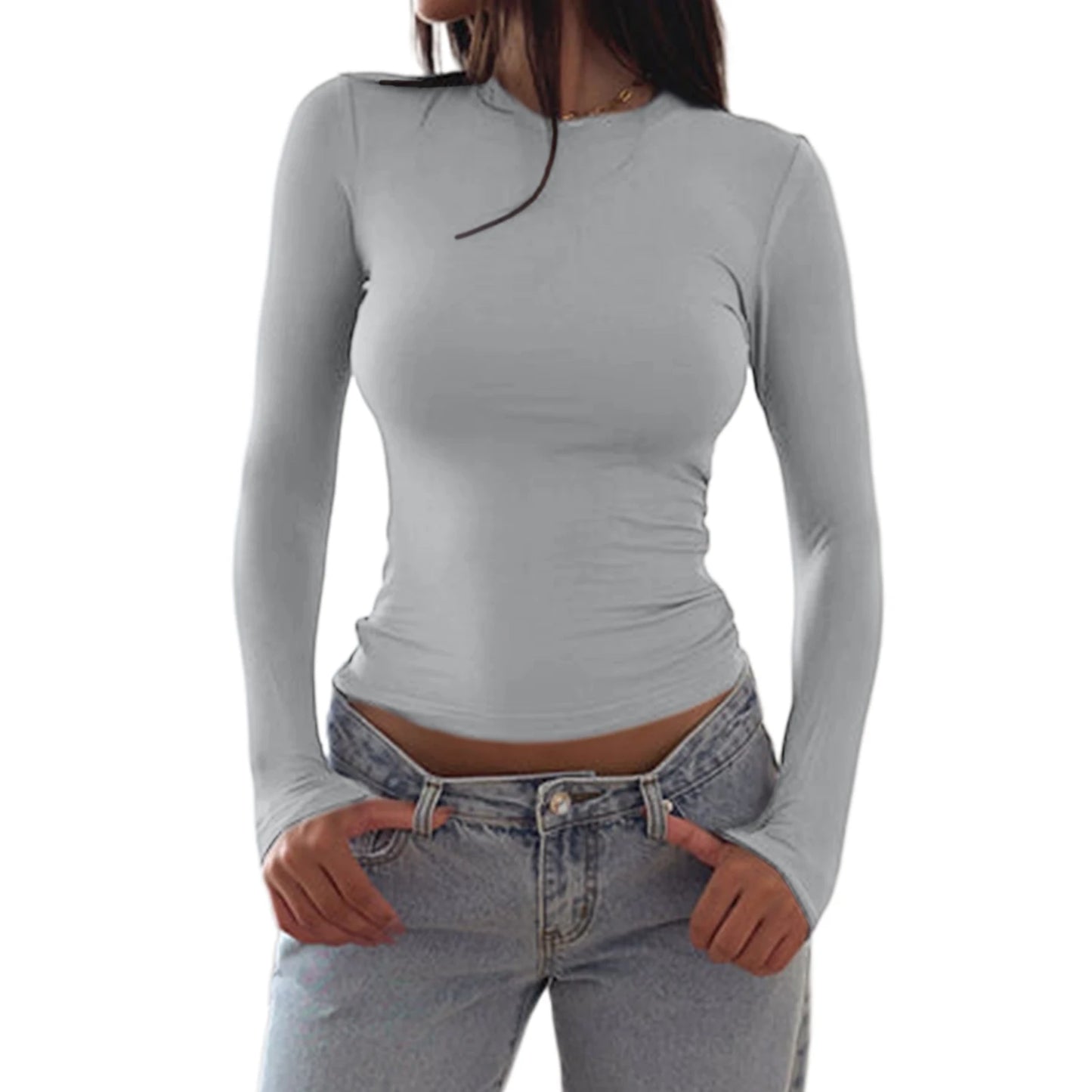 Slim Fit Plain Basic Long Sleeve Simple Casual Daily Crop Top