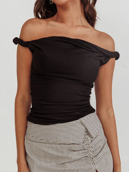 Twisted Off Shoulder Cotton Solid Color Elegant Slim Fit Crop Top