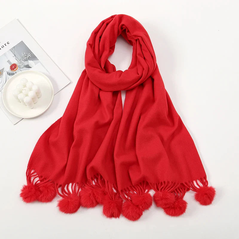 Rabbit Fur Ball Cashmere Pompom Oversize Blanket Scarf for Women