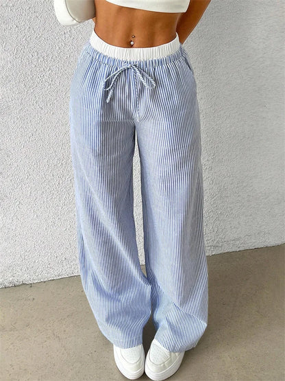 Casual Striped Woven Wide Fall Winter Stylish Full Length Y2K Trouser