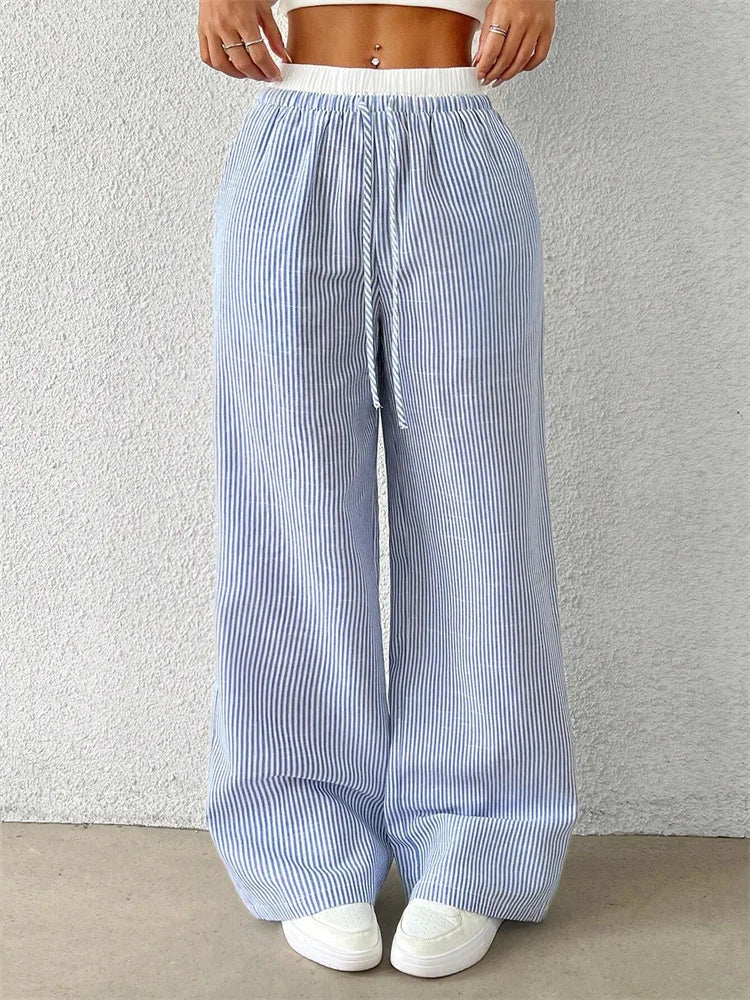 Casual Striped Woven Wide Fall Winter Stylish Full Length Y2K Trouser