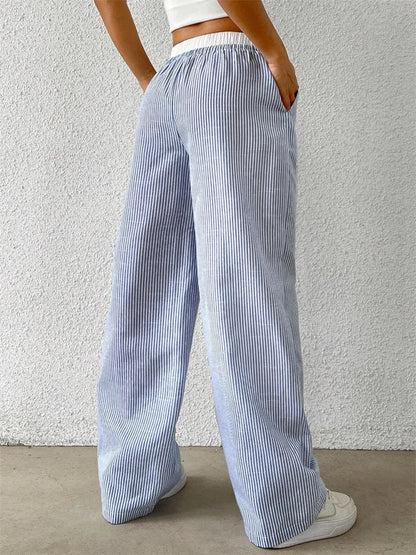 Casual Striped Woven Wide Fall Winter Stylish Full Length Y2K Trouser