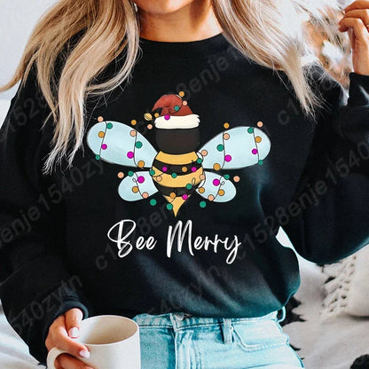 Festive Bee Letter Print Christmas Hoodie - Long Sleeve