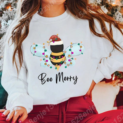 Festive Bee Letter Print Christmas Hoodie - Long Sleeve