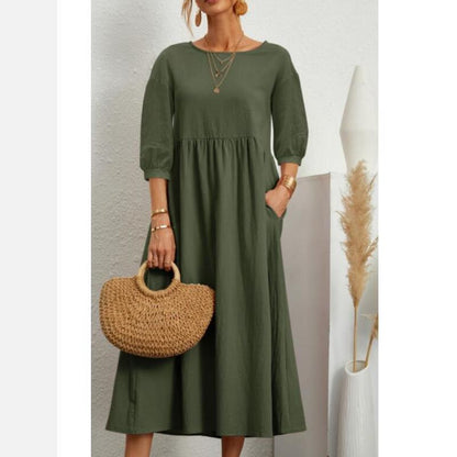 Amy Fashion - Loose Solid Lantern Sleeve Pocket Dresses