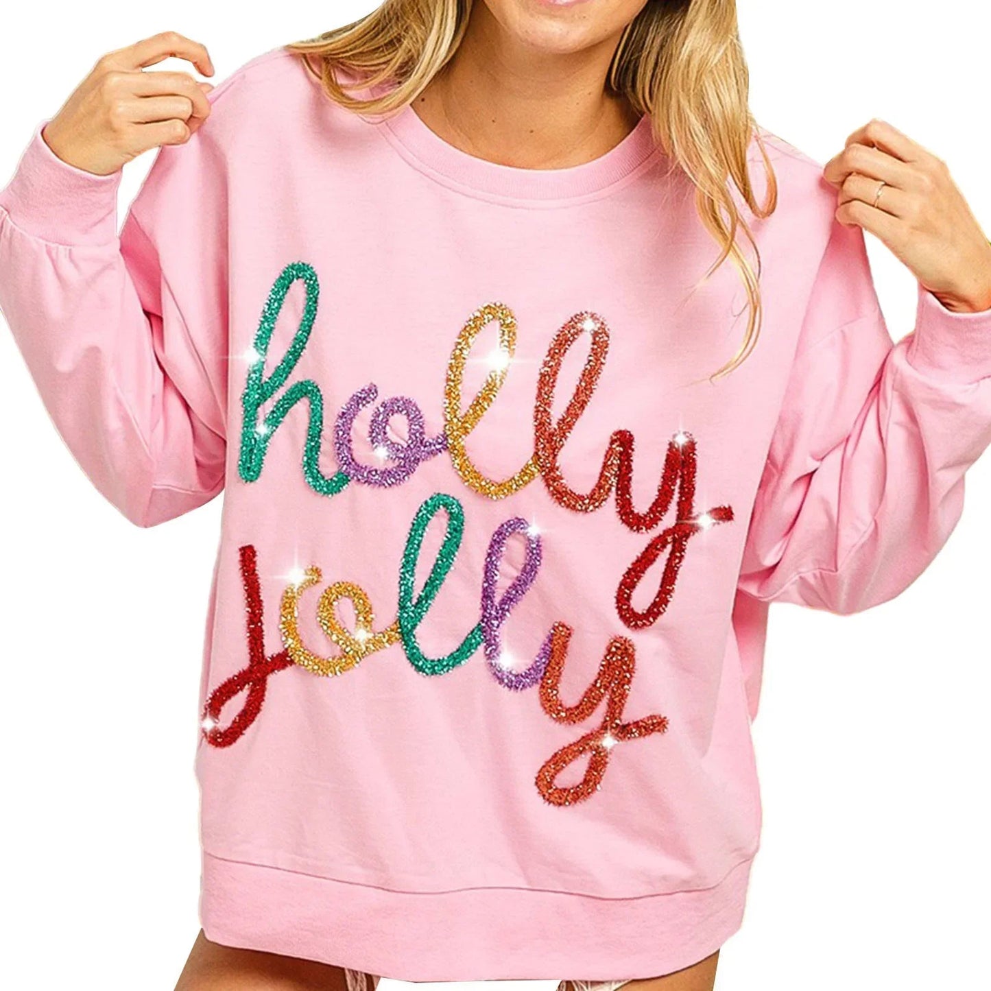 Sequin Letter Pattern Long Sleeve Round Neck Loose Christmas Hoodie