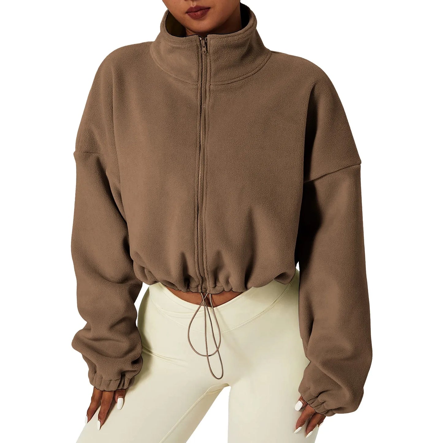 Full Zip Fleece Warm Long Sleeve Stand Collar Crop Hoodie