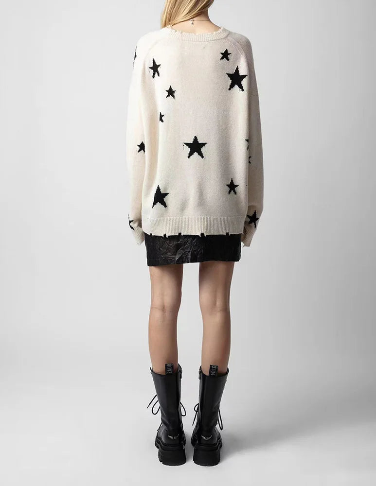 Knit Star Pattern Ripped Loose Round Neck Long Sleeve Casual Sweater