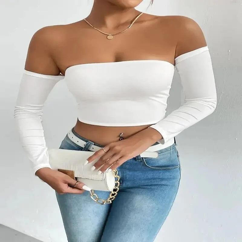 Off Shoulder Long Sleeve Casual Spring Fall Women's Crop Top