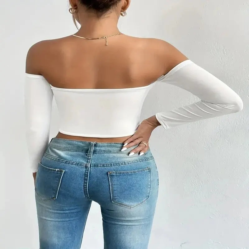 Off Shoulder Long Sleeve Casual Spring Fall Women's Crop Top