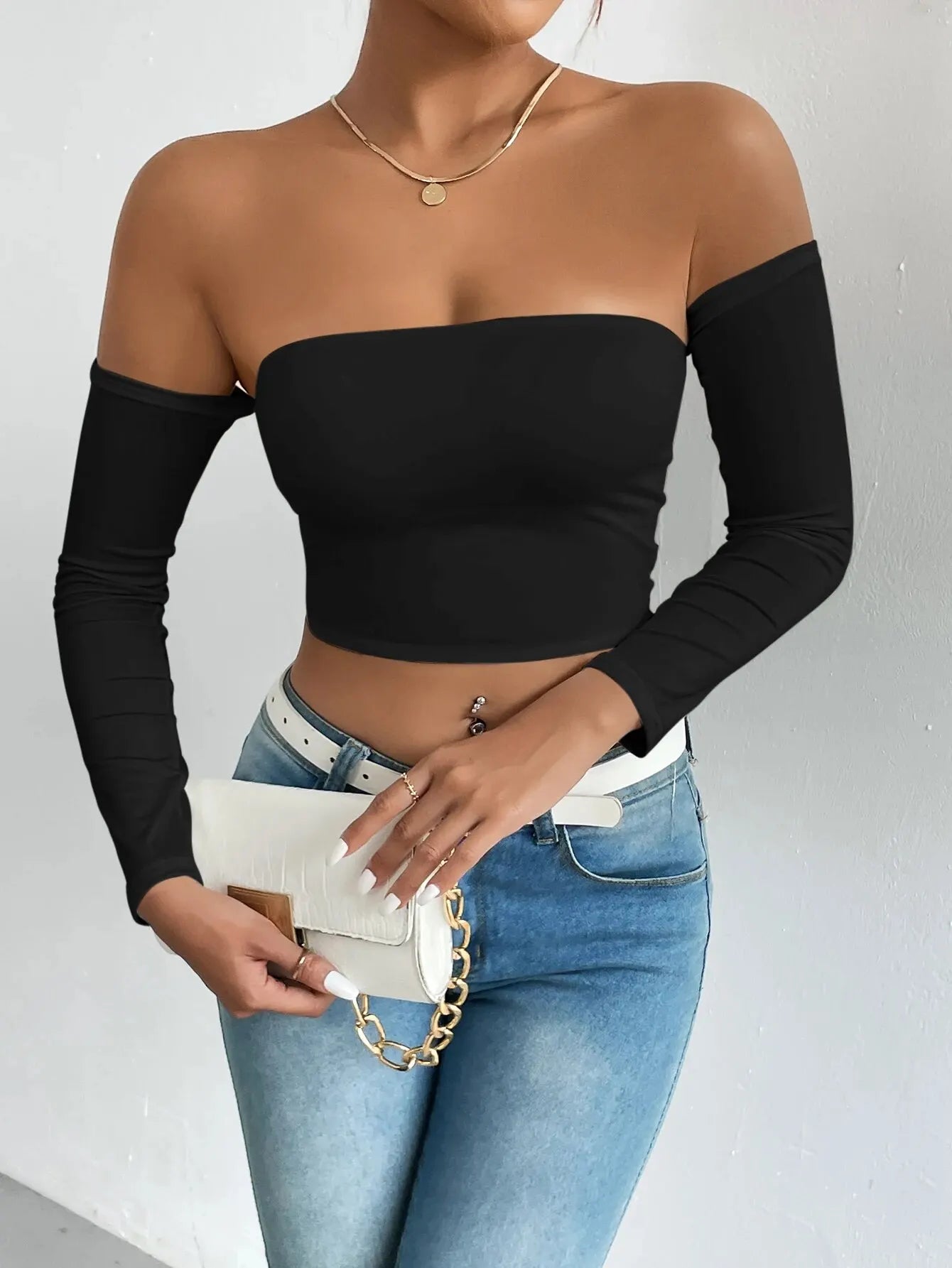 Off Shoulder Long Sleeve Casual Spring Fall Women's Crop Top