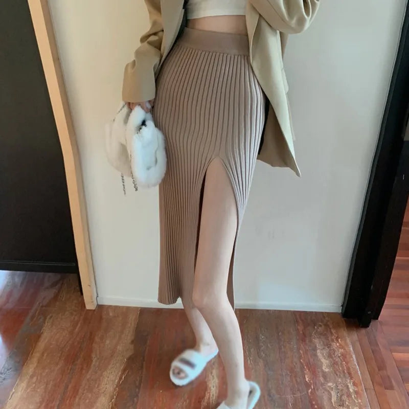 Sexy Split Slim-Fit Slimming Knitted Elegant Solid Color High Waist Elastic All-Match Simple Skirt