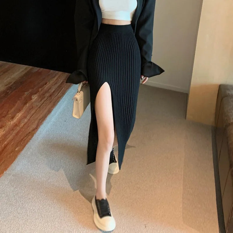 Sexy Split Slim-Fit Slimming Knitted Elegant Solid Color High Waist Elastic All-Match Simple Skirt