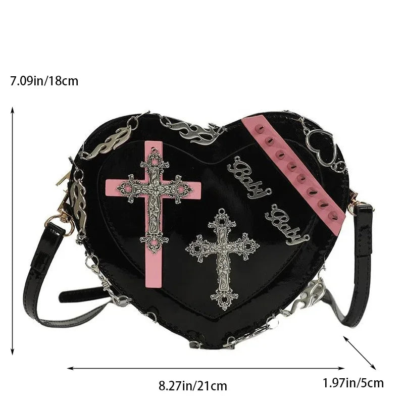 Metal Punk Shoulder Crossbody Heart-Shaped Leather Gothic Decoration Bag