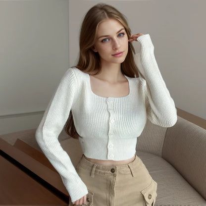 Long Sleeve Air Conditioning Single-breasted Silk Knit Short Solid Sweater