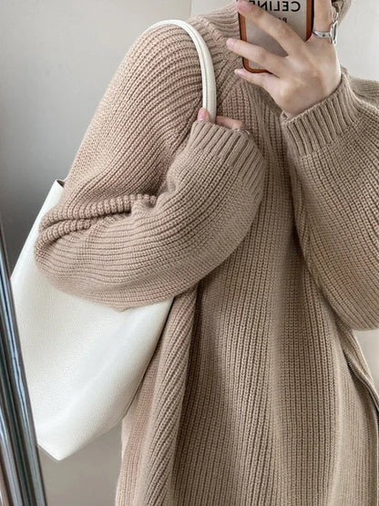 Women's Zipper Oversize Fashion Women 2024 Autumn Knitwear Loose Thick Warm High Neck Cozy Sweater