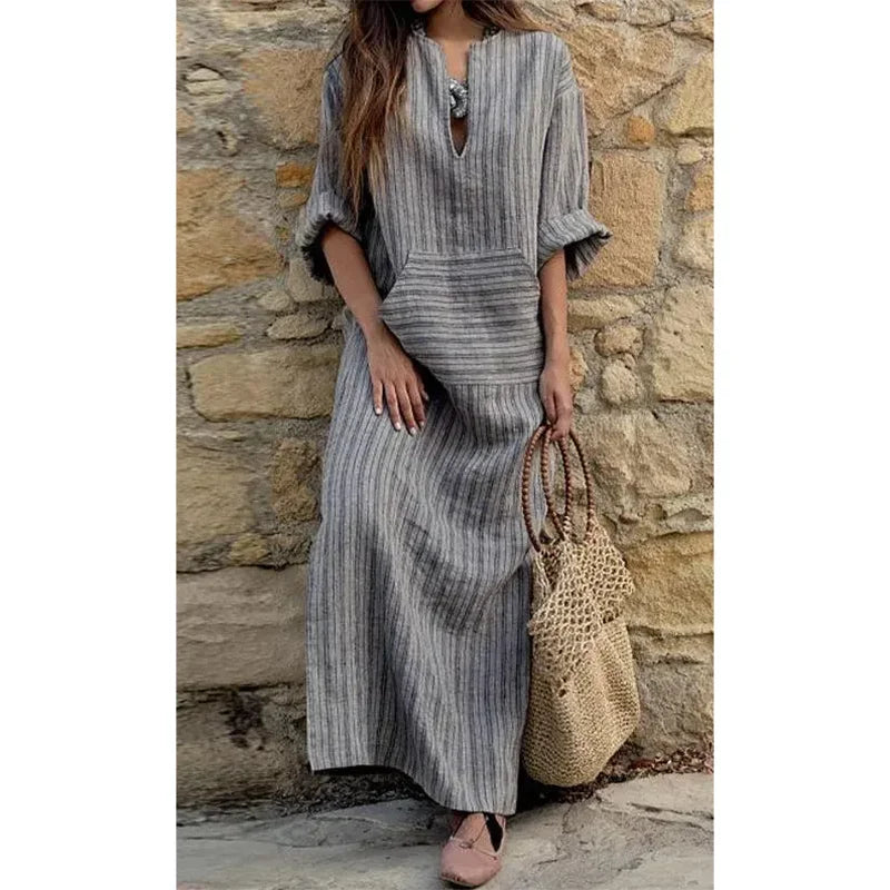 Amy Fashion - Summer Striped Cotton Linen Oversize Long Boho Dress