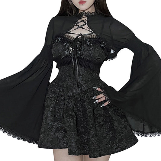 Gothic Punk Lace Flare Sleeve Cropped Sheer Elegant Steampunk Cozy Cardigan