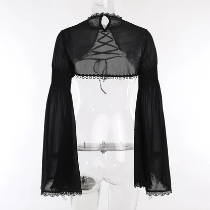 Gothic Punk Lace Flare Sleeve Cropped Sheer Elegant Steampunk Cozy Cardigan