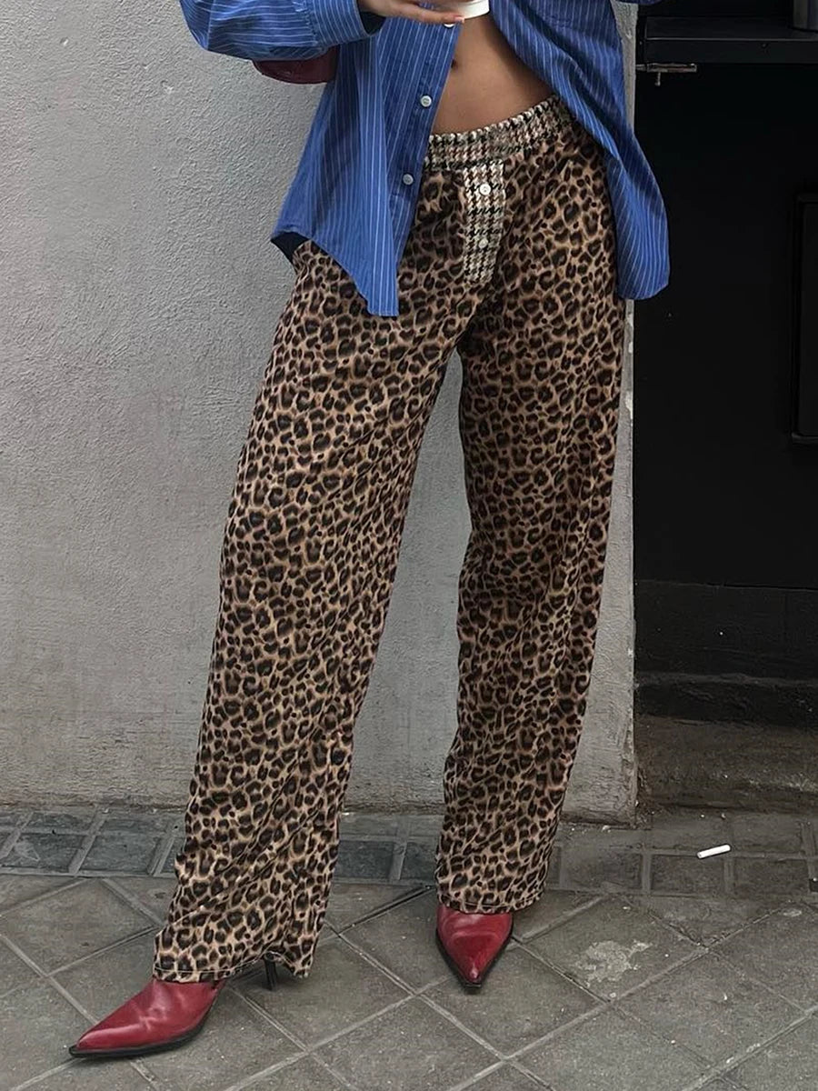 Elastic Waistband Leopard Houndstooth Print Casual Pants