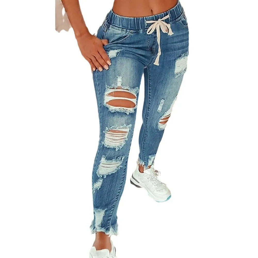 Amy Fashion - Stretch High Waist Ripped Washed Slim Skinny Pencil Denim Jean