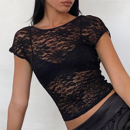 Black Sheer Lace Aesthetic See Through Short Sleeve Open Back Summer Slim Fit Crop Top