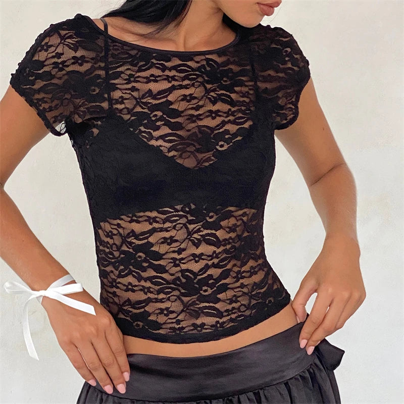 Black Sheer Lace Aesthetic See Through Short Sleeve Open Back Summer Slim Fit Crop Top