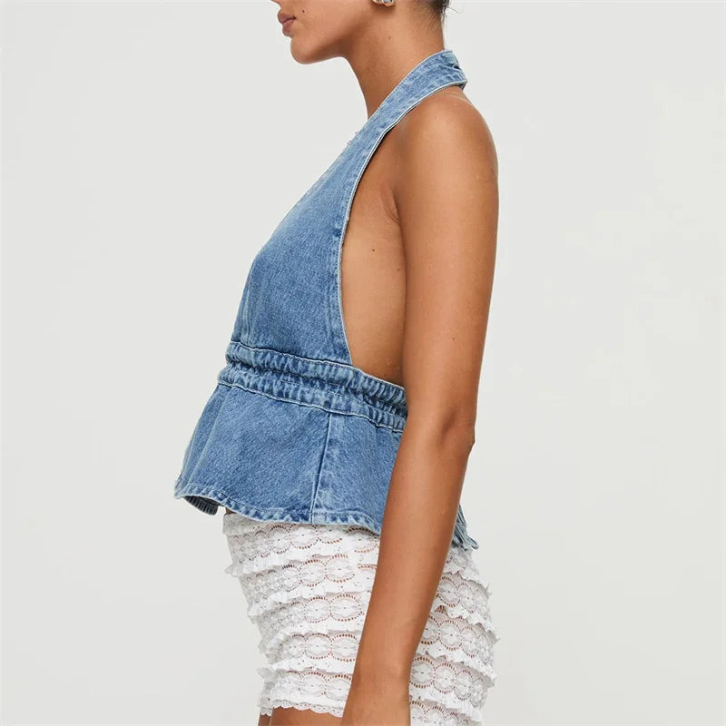 Denim Solid Color V Neck Sleeveless Backless Bandage Vest Jeans Streetwear Crop Top