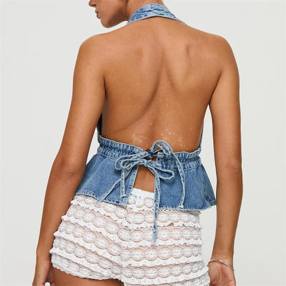 Denim Solid Color V Neck Sleeveless Backless Bandage Vest Jeans Streetwear Crop Top