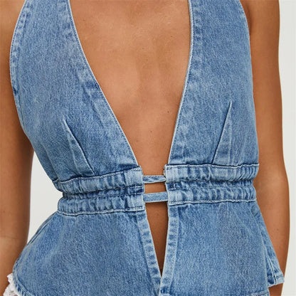 Denim Solid Color V Neck Sleeveless Backless Bandage Vest Jeans Streetwear Crop Top